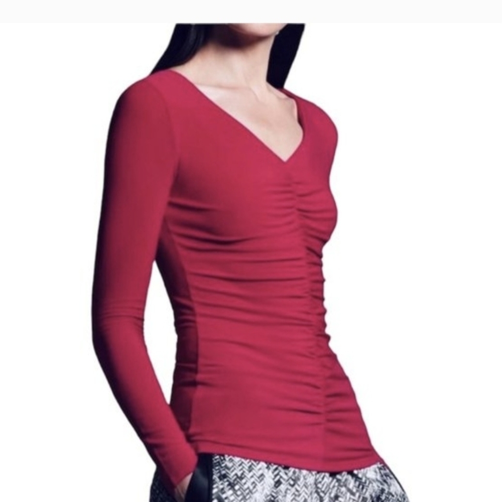 NWT Narciso Rodriguez Fitted Ruched V-Neck Long Sleeve Top - Hot Pink